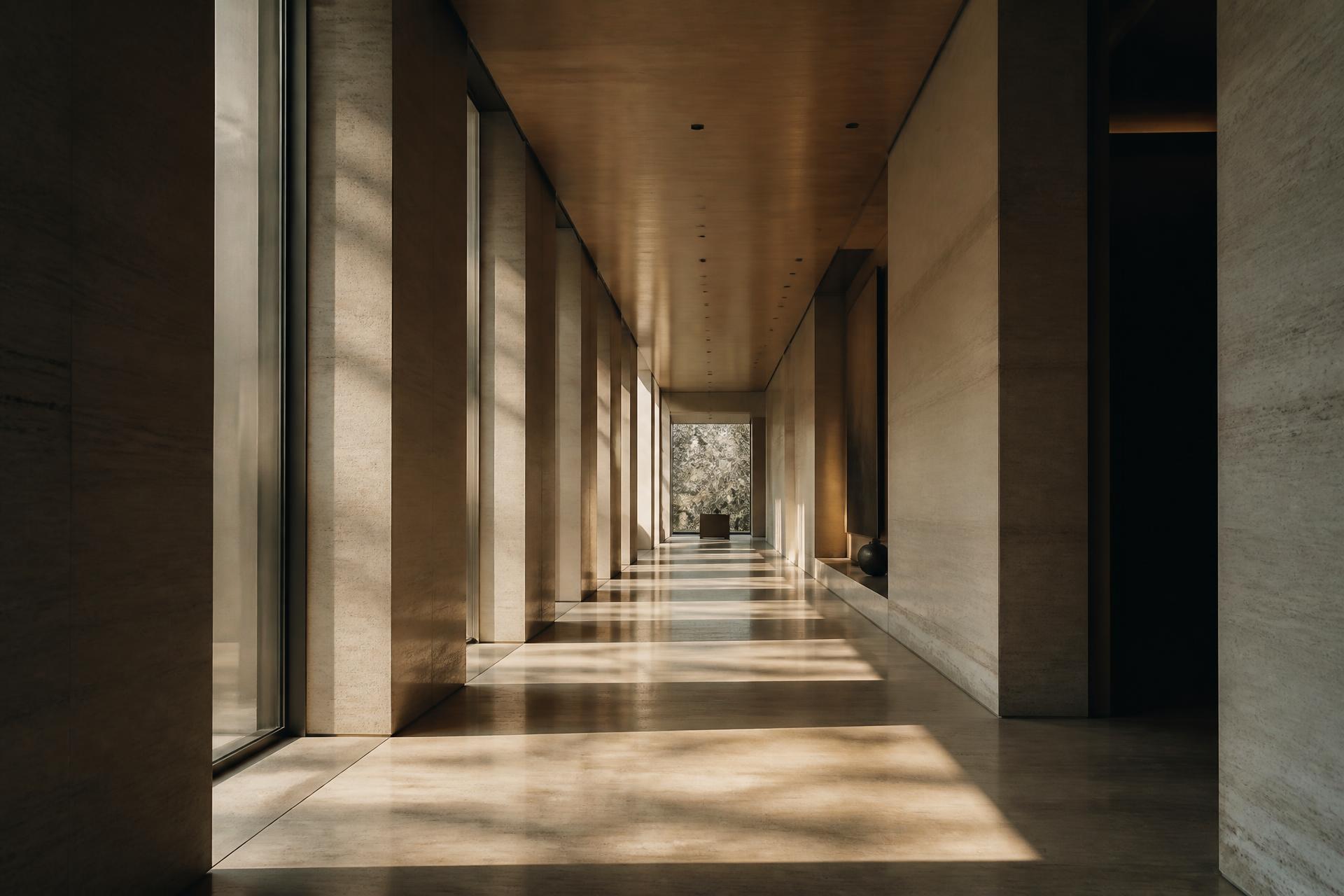 A long sunlit corridor of stone and glass receding toward an open view